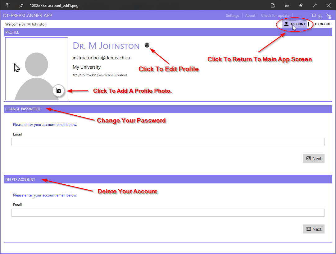 Account details page showing profile information, options to change the profile image, edit profile, change password, and delete account.