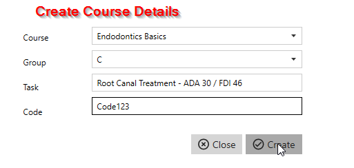 Create Course Details page with fields for Course, Group, Task, and Code. User-selected values are shown, with a cursor hovering over the 'Create' button.