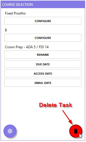 Course Edit page with options to configure, rename, and set dates. A red delete button is highlighted for course deletion.