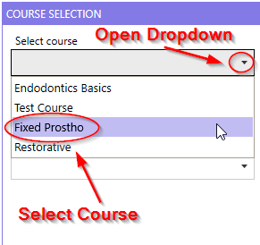 A dropdown listbox showing four available courses with 'Fixed Prostho' selected