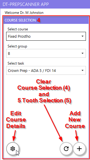 Course selection window with options to select course, group, and task, and buttons for editing, clearing, and adding courses.