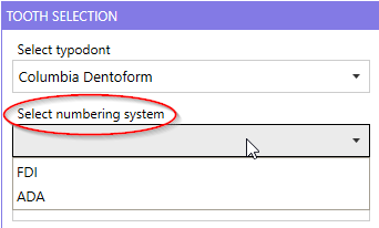 Prepscanner Tooth Selection: Dropdown for Numbering System, with options FDI and ADA.