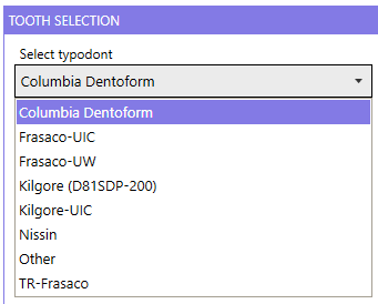 Tooth Selection area in Prepscanner app with 'Select Typodont' dropdown. 'Columbia Dentoform' is selected, showing multiple typodont options.