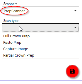 PrepScanner scan type dropdown with options including Full Crown Prep, Resto Prep, Capture Image, and Partial Crown Prep.